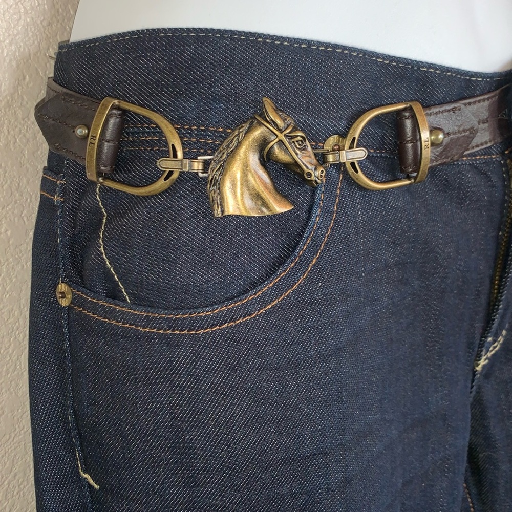 🎉HP🎉RALPH LAUREN jeans, leather trim, brass horse head/stirrups @ hip 28 EUC